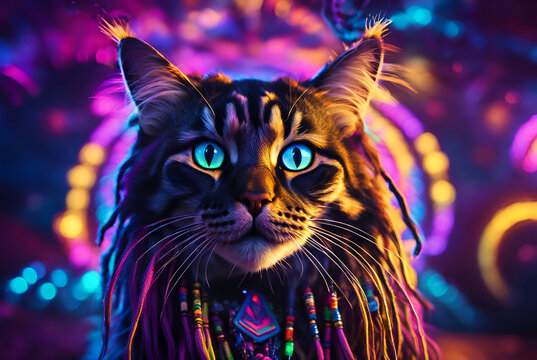 Portrait of a psytrance and Goa fan cat with dreadlocks and necklaces. - Generative AI