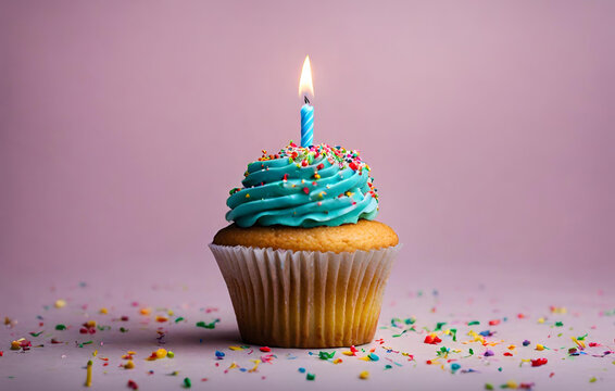 Birthday cupcake with a candle on light Pink background.