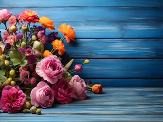 Garden flowers over blue wooden table background. 