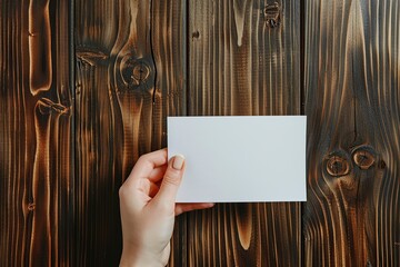Female hand with blank paper card on wooden background