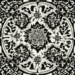 black and white pattern _A Turkish decorative tile plate pattern with a square shape and a black and white tone 