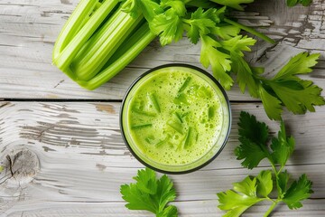 Fresh celery juice in glass on wooden table
