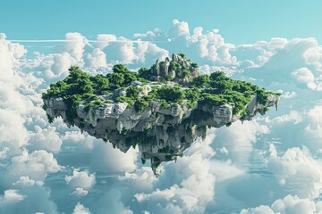 A Fantasy-inspired Floating Island with a Modern Twist, Overlooking a Scenic Blue Sky and Clouds Background
