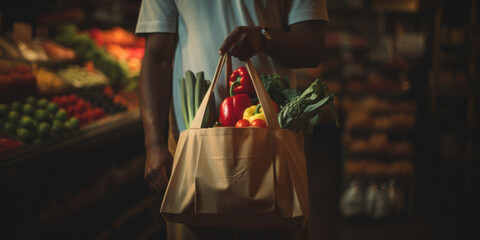 Reusable Bag Full Of Healthy Organic Produce. Sustainable Shopping. Human Buy Organic Vegetables In Cloth Shopper. Generative AI