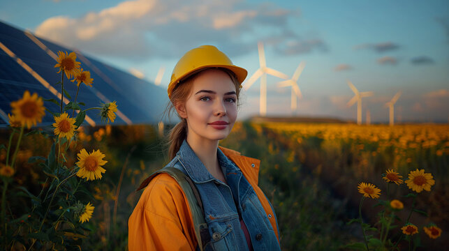 female engineer with solar panels and wind turbines on background