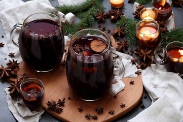 Obraz na płótnie Canvas Mulled wine with chocolate and spices on a wooden background.