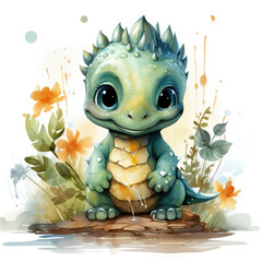 watercolor Cute Baby Dino clipart, Generative Ai