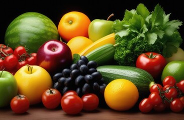 Assortment of fresh fruits and vegetables, on a black background.