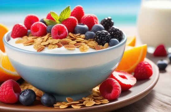 muesli with berries. bowl of muesli with yogurt, berries and fruits, sea morning background