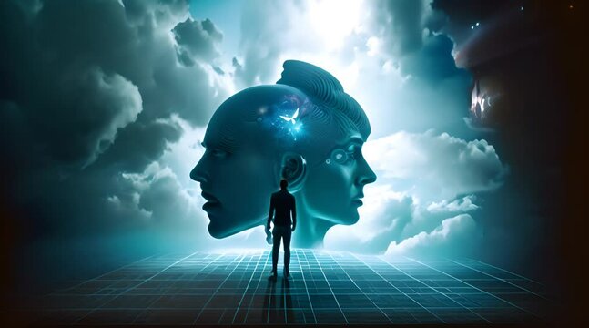 A surreal digital art concept of a human silhouette facing a head-shaped constellation with floating elements
