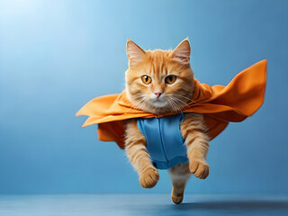 Superhero cat in orange cloak, jumping and flying on light blue background with copy space. The concept of a superhero.