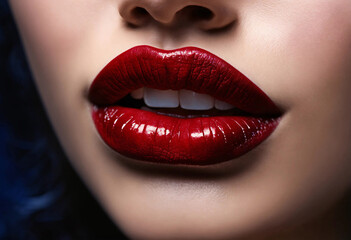 Obraz premium Close-up of woman's gentle lips painted with red lipstick