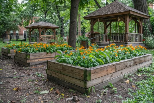 Community garden beds bloom with marigolds and lush plants in an urban park, showcasing the integration of nature and neighborhood in the heart of the city