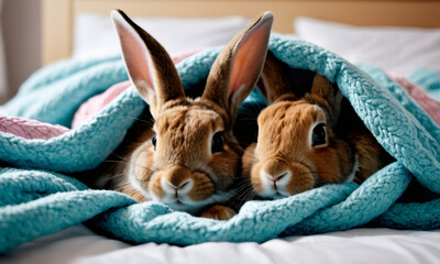 Two rabbits are curled up under a colorful fluffy blanket on top of the bed. Couple cute Easter bunny baby rabbits laying on cozy background. Pascha, Resurrection Sunday, Christian cultural holiday