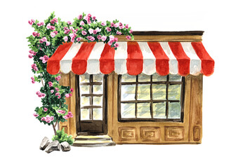 Street cafe building. Hand  drawn watercolor illustration isolated on white background