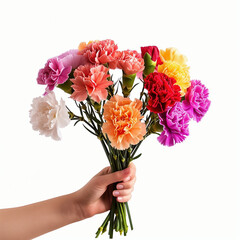 Hand holding bouquet of colorful carnation flowers isolated on white background