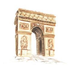 Triumphal arch in Paris. Welcome to France card concept. Hand drawn watercolor illustration  isolated on white  background