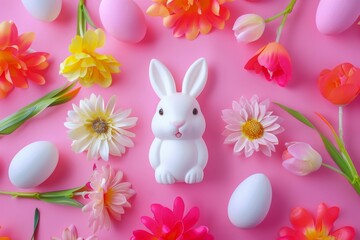 Happy Easter Eggs space for text. Bunny hopping in flower ladybugs decoration. Adorable hare 3d Scripted message rabbit illustration. Holy week cultural events card Religious observances