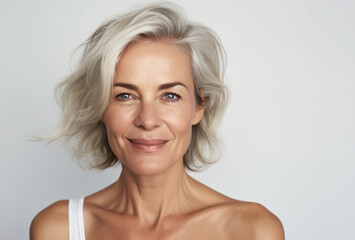 Beautiful 60 year old woman ,with clean fresh skin, palms close to cheeks, on a white background.