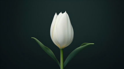 White tulip bud close-up on a green background. Spring card with flower. - 740239207