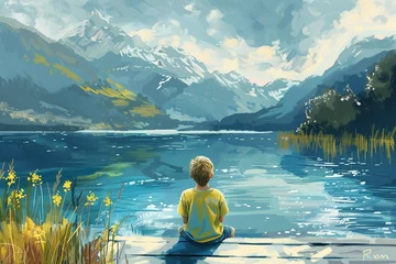 Kissenbezug Boy sits on a jetty and looks at the lake. mountains in the background © Bilal