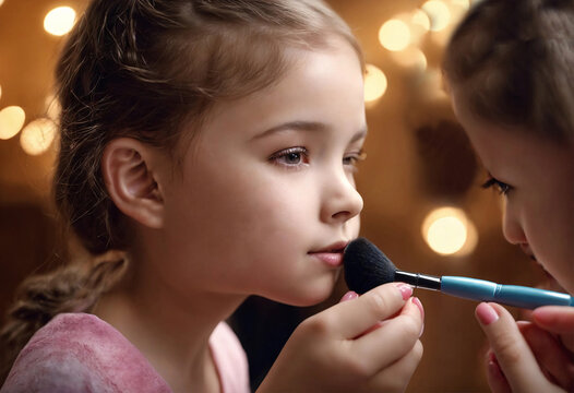 Little girl friends playing with kid cosmetics. Powder and blush brush in the hands of a friend.