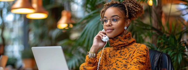 A stylish woman makes a phone call while showcasing her fashion accessories and capturing the attention of passersby - obrazy, fototapety, plakaty