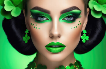Portrait of a beautiful woman with green make-up and clover leaves. St. Patrick's Day makeup