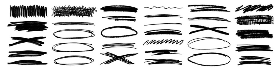 Grunge scrawls, charcoal scribbles, rough brush strokes, underlines and circles. Bold charcoal freehand striketroughts and ink stripe bold shapes. Crayon or marker scribble doodles. Vector illustratio