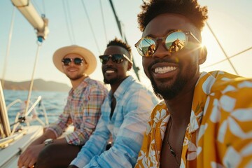Group of diverse friend sit on deck of yacht while yachting together - obrazy, fototapety, plakaty