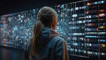Backview Of Caucasian Woman Entering 3D Cyberspace With Animated Social Media Interfaces, Online Video Games, Videos, Internet Content
