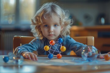 A child plays with an atom - obrazy, fototapety, plakaty