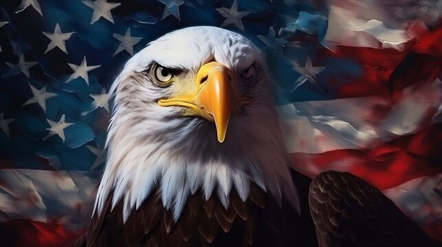 Abstract painting concept. Colorful art of the bald eagle with American flag.