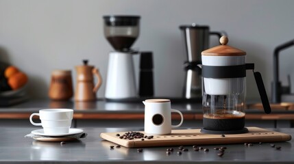 Modern coffee maker with mugs and cups of coffee beans on a light background.