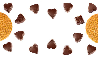 Chocolate candies and Belgian waffles isolated on white. There is free space for text. Collage....
