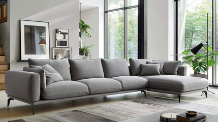 Contemporary Elegance: Infuse Your Space with Sophistication as a Stylish Gray Sofa Anchors the Minimalist Design of Your Living Room
