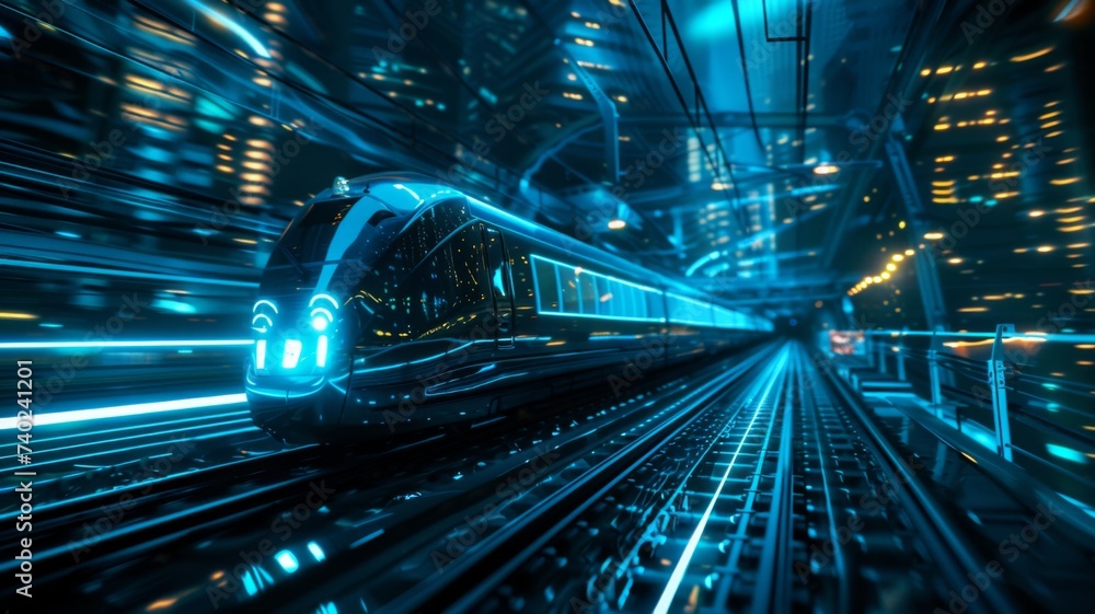 Poster gleaming metro speeding in tunnel - a sleek metro train moves at high speed in a brightly illuminate