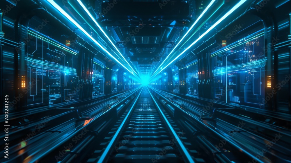 Poster hyper speed urban train transit - speeding train captured with dynamic light trails in a futuristic 