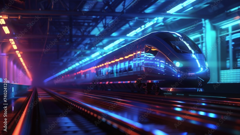 Poster vivid urban train dynamic journey - an urban train in motion, its lights creating a vivid display of