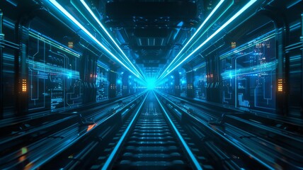 Obraz premium Hyper Speed Urban Train Transit - Speeding train captured with dynamic light trails in a futuristic urban environment, symbolizing rapid transit and modern urbanism.