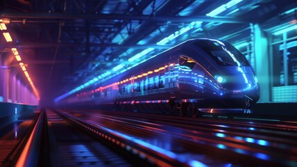 Vivid Urban Train Dynamic Journey - An urban train in motion, its lights creating a vivid display of speed and modern transportation in a dynamic cityscape.