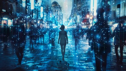 Silhouette in Virtual Reality City - A lone silhouette walks in a digitally enhanced city, depicting themes of future urban life and virtual reality. - obrazy, fototapety, plakaty