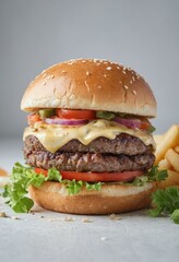 Juicy Beef Burger with Cheese and Vegetables