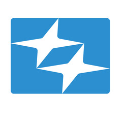 Aerospace, technology, science, or astronomical logo depicting binary stars on a blue field.