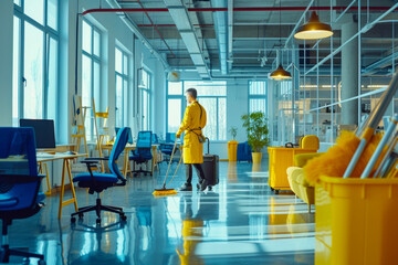 Man in Yellow Coat Cleaning Floor