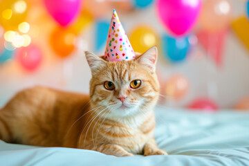 Cat Wearing Party Hat on Bed