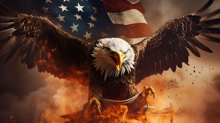 American flag with fire flames and eagle. - obrazy, fototapety, plakaty