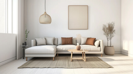 Modern living room interior with sofa and blank poster frame, natural light, minimal design.