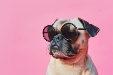 Adorable Pug Wearing Sunglasses on Pink Background