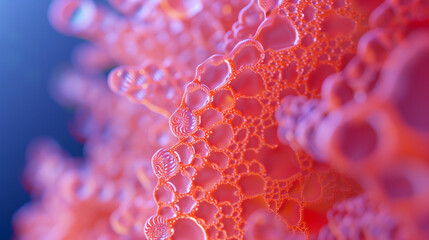 Abstract Molecular structure close-up of pink bubbles with a blue gradient background.